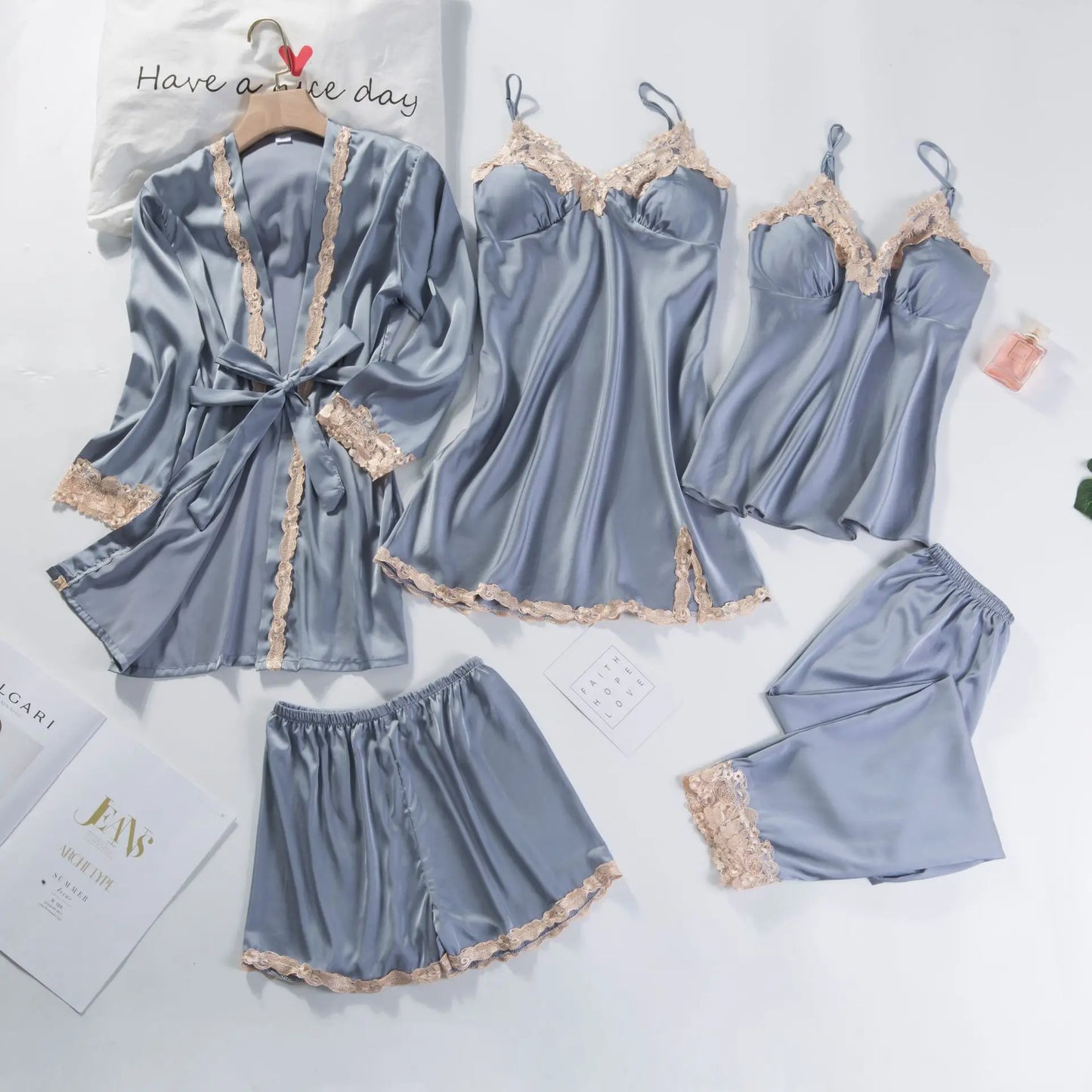 Lace Patchwork 5PCS Sleepwear Nightgown Kimono Bathrobe Gown Satin Lady Nighty&Robe Suit Sexy Home Clothes White Wedding Robe
