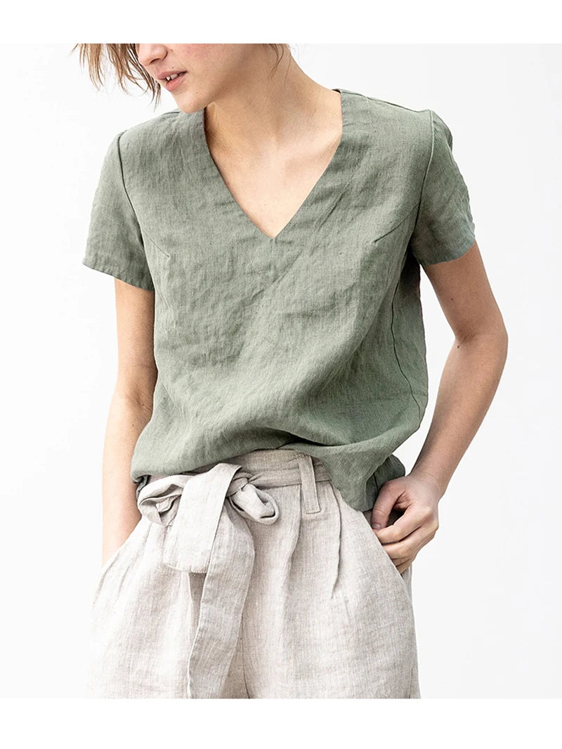 100% Linen V-Neck Short-Sleeved T-Shirt 2021 Summer New Womens Loose Casual Literary Tee Japanese Linen Tops