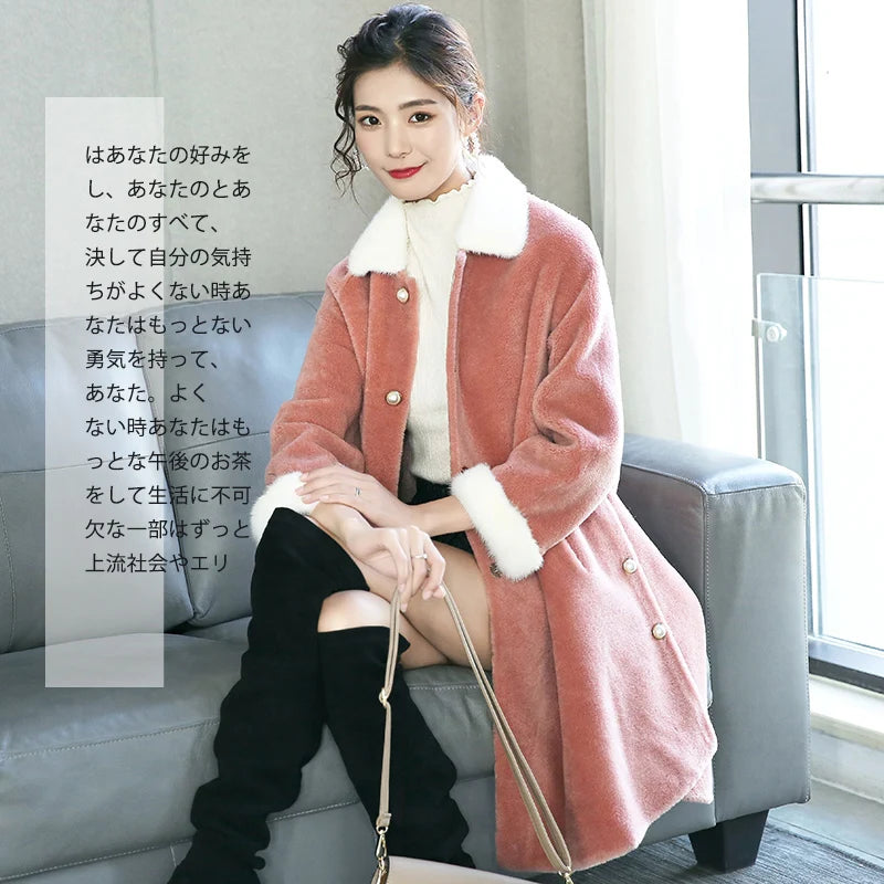 2020 Natural Sheep Shearing Fur Coat With Real Mink Fur Collar Winter Jacket Women Long Warm Overcoat casaco feminino LX2529