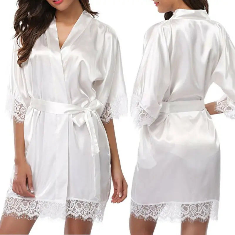 Women Night Gown Satin Robe Bathrobe Satin Nightgown Halt Sleeve Pajamas Lingerie Night Mini Dress Lace Sexy Sleepwear hot sale