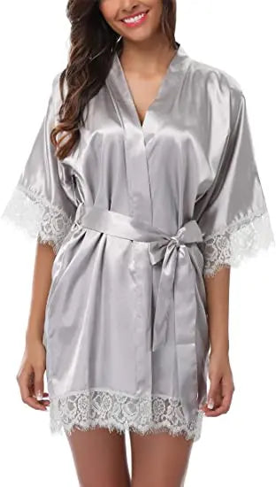 Silky Lace Robe, Monochrome robe，Satin Bridesmaid Robes ,Lace Bride Robe,Bridesmaid Gifts , women robe A9007