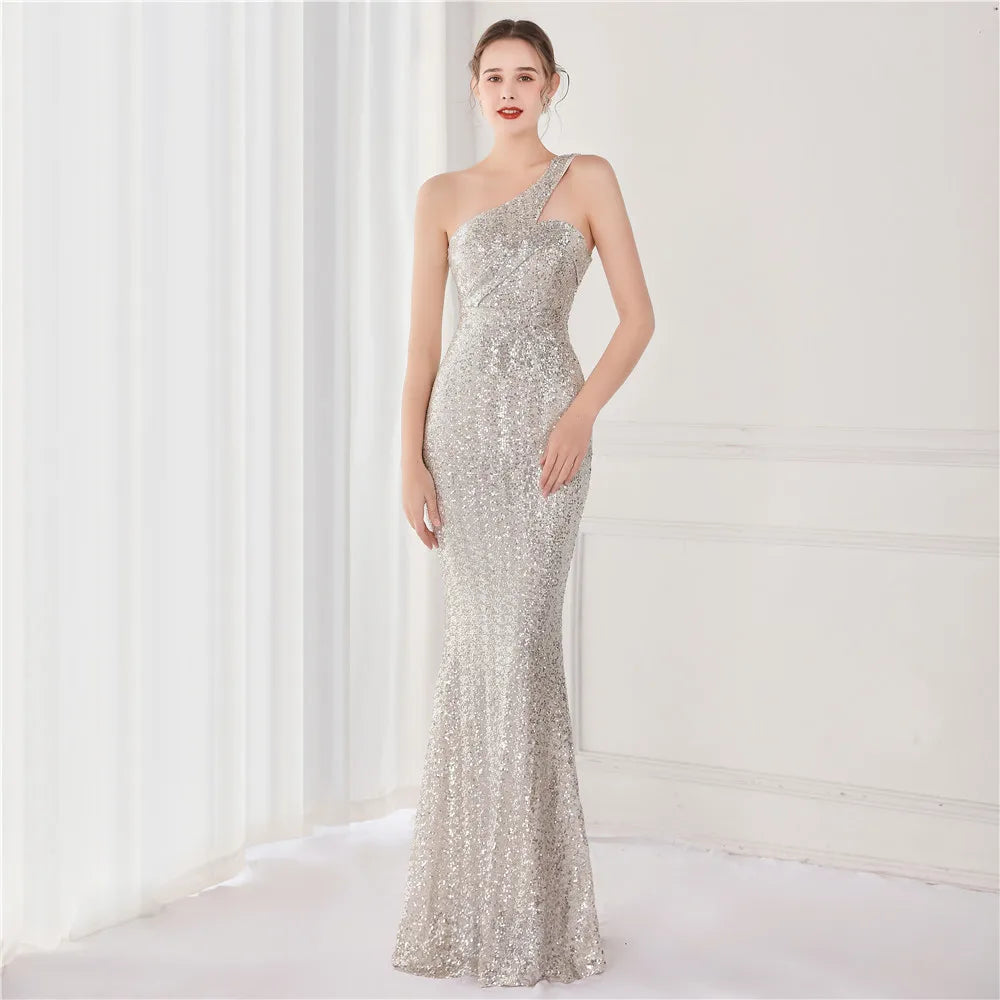 YIDINGZS Women Sexy Slash Neck Party Maxi Dress One Shoulder Sequin Evening Dress Long Prom Dress 18891