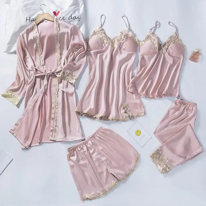 Lace Patchwork 5PCS Sleepwear Nightgown Kimono Bathrobe Gown Satin Lady Nighty&Robe Suit Sexy Home Clothes White Wedding Robe