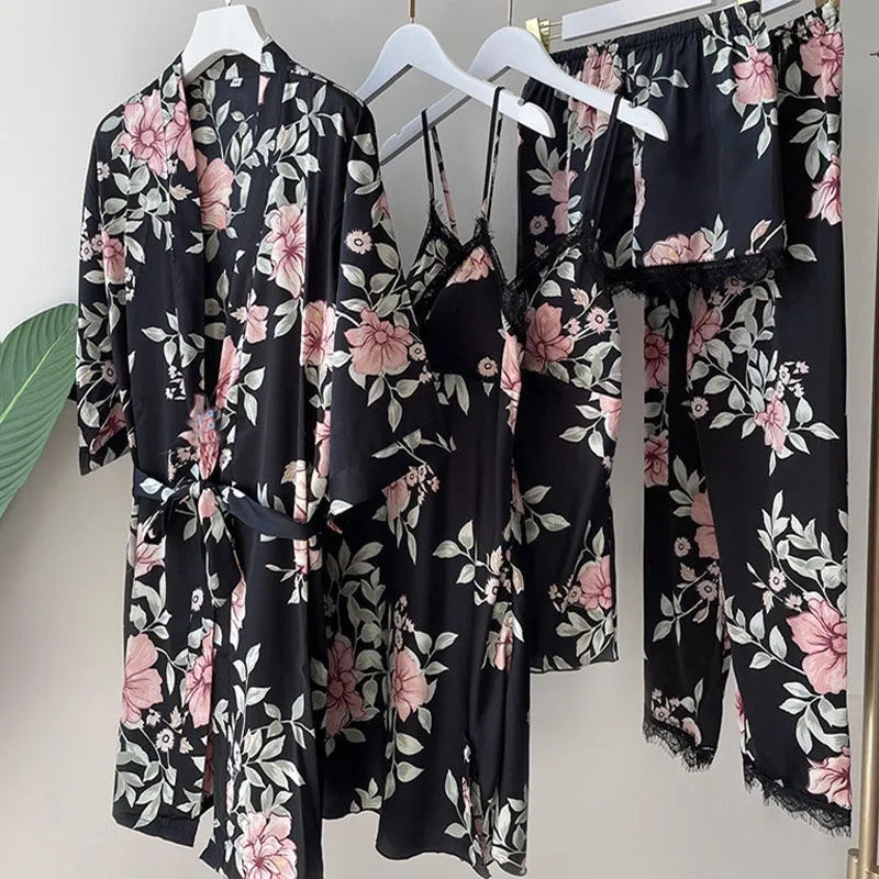 Sexy Rayon Silk 5PCS Pajamas Set Female Sleepwear Print Flower Bathrobe Nightgown Lady Loose Casual Pijamas Suit Home Clothes