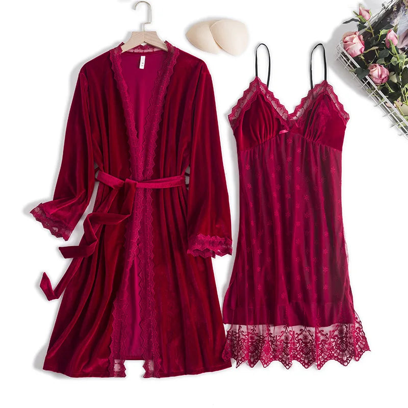 Kimono Robe Velvet Sleepwear Women Casual 2PCS Sleep Set Long Sleeve Bathrobe Gown Novelty Autumn New Velour Home Clothing