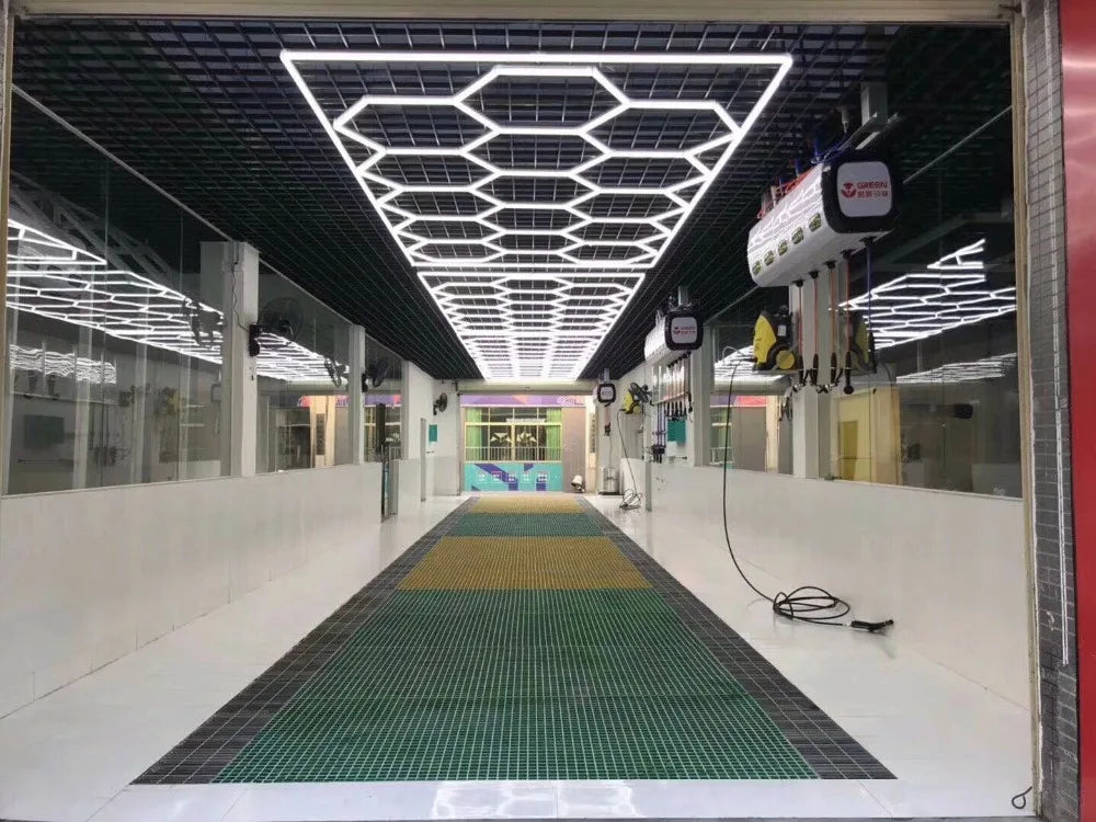 2.41*3.5M with Outline Hexagon Led Garage Lamp Inspection Hexagon Panel Light for Ceiling Wall Detailing Studio Poshing Workshop