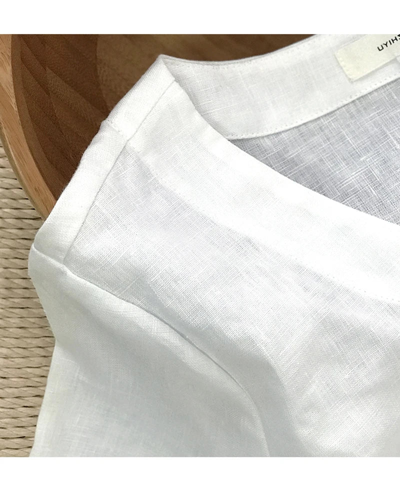 100% Linen V-Neck Short-Sleeved T-Shirt 2021 Summer New Womens Loose Casual Literary Tee Japanese Linen Tops