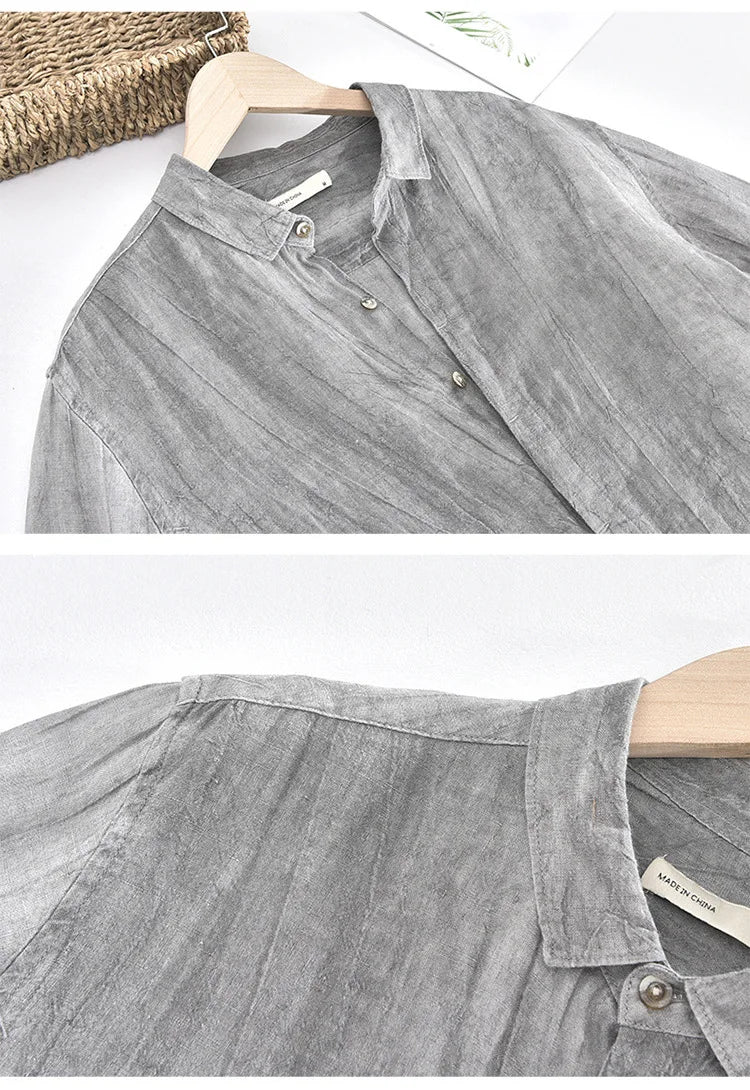 Men Spring Autumn High Quality Healthy 100% Linen Shirts Vintage Wrinkled Soft Breathable Slim Fit Tops Business Casual Shirts