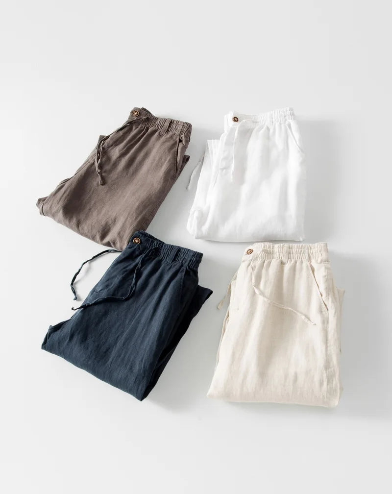 Italy 100% linen brand pants men casual fashion trousers for men solid elastic waist pants mens trend breathable trousers men