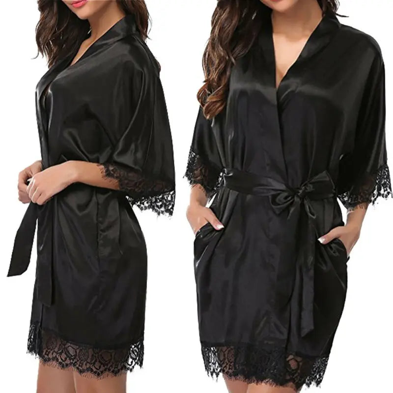 Women Night Gown Satin Robe Bathrobe Satin Nightgown Halt Sleeve Pajamas Lingerie Night Mini Dress Lace Sexy Sleepwear hot sale