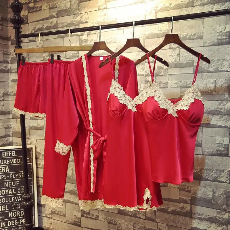 SexyWhite Lace 5PCS Sleepwear Pajamas Set Women Silk Pijamas Pyjamas Nightwear Bride Bridesmaid Wedding Robe Intimate Lingerie