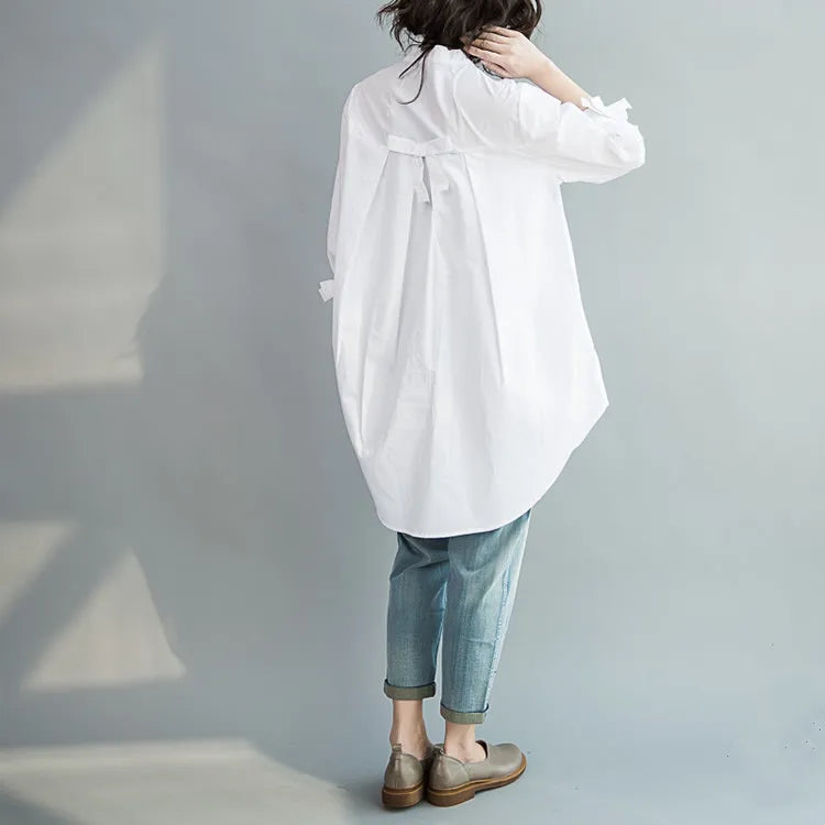 Summer 100% Cotton Women White Shirts Fashion Long-sleeve Large Loose Blouse Bow Fashion Lady Clothing 0.24KG