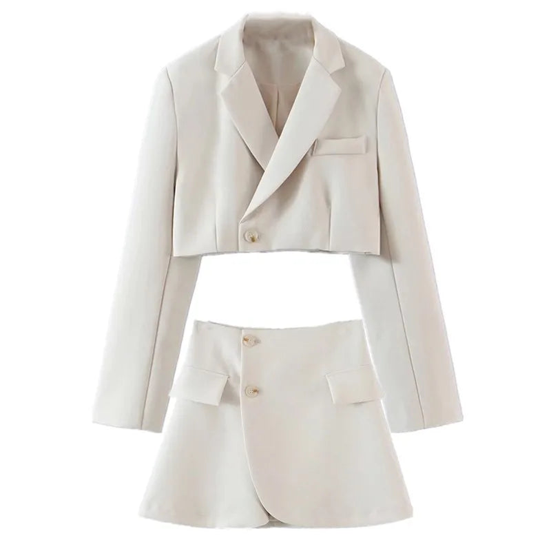 Sexy One Button Short Women Blazer Cropped High Waist Irregular Cross Slit Mini Skirt Long Sleeve Suits 2 Pieces Set Vintage