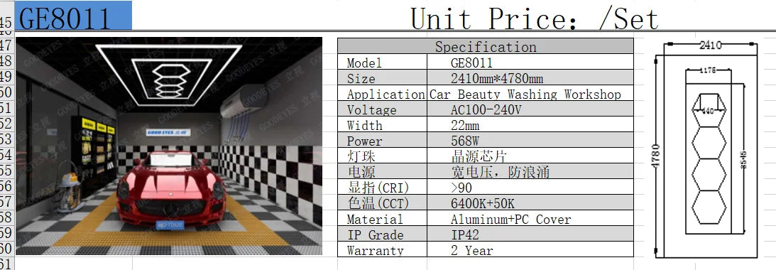 2.41*3.5M with Outline Hexagon Led Garage Lamp Inspection Hexagon Panel Light for Ceiling Wall Detailing Studio Poshing Workshop