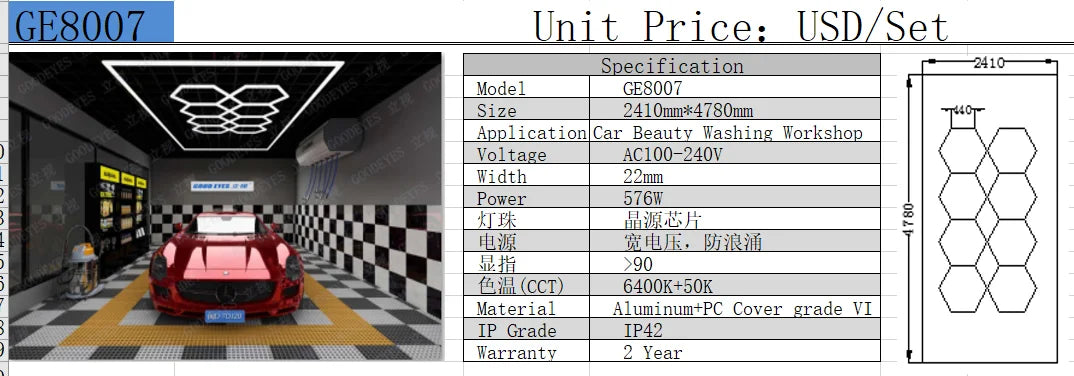 2.41*3.5M with Outline Hexagon Led Garage Lamp Inspection Hexagon Panel Light for Ceiling Wall Detailing Studio Poshing Workshop