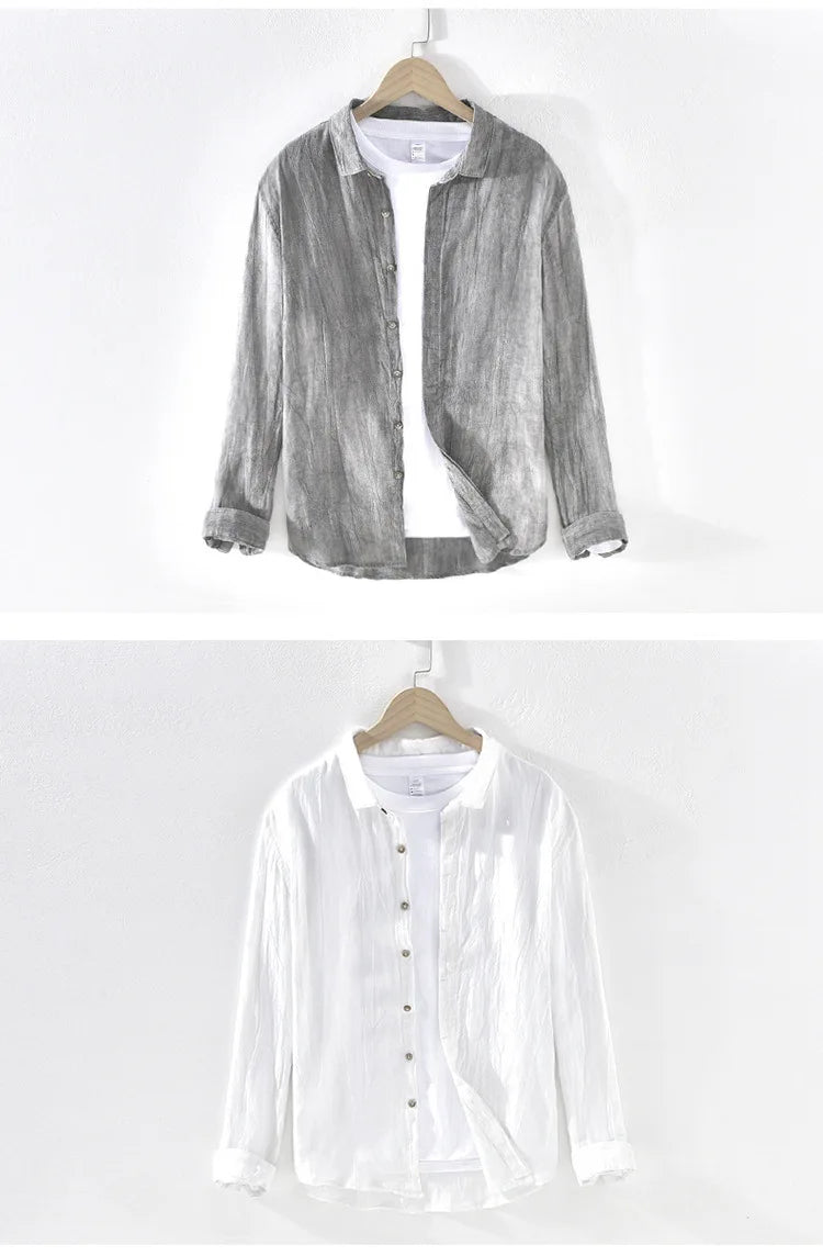 Men Spring Autumn High Quality Healthy 100% Linen Shirts Vintage Wrinkled Soft Breathable Slim Fit Tops Business Casual Shirts