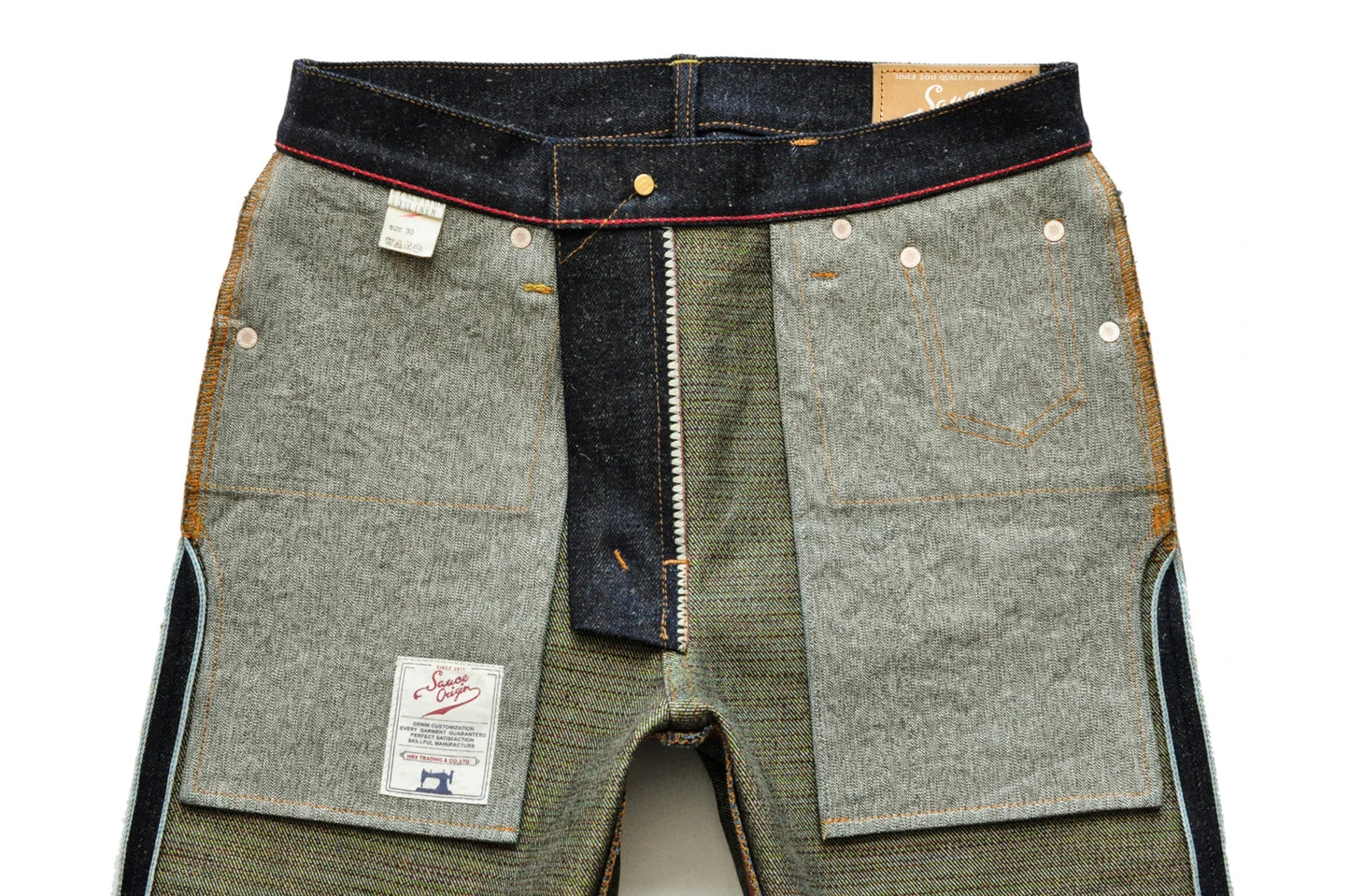 SAUCE ORIGIN EXL916-AG Mens Jeans cotton linen Selvedge Sanforized Raw Denim Jeans for Men Straight Fit Silver Button 19 oz
