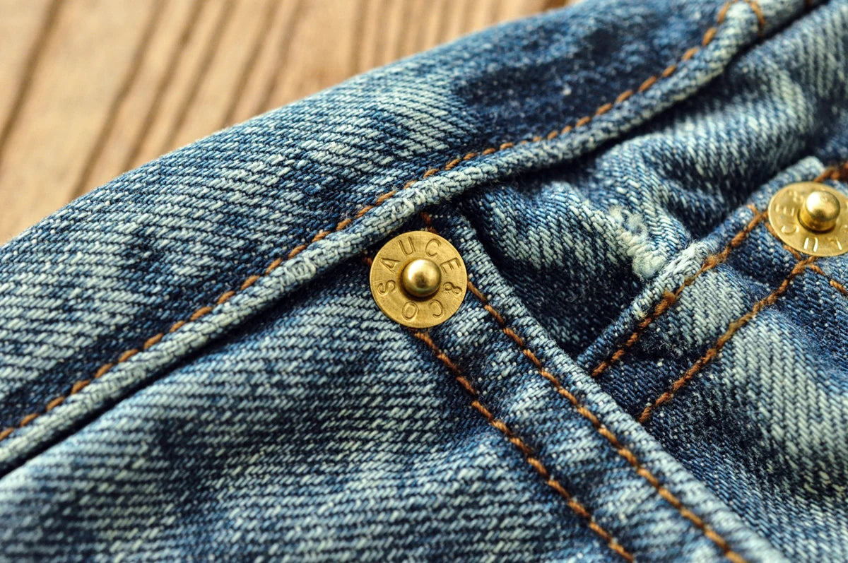 Saucezhan Mens Jeans Distressed  Moustache Effect Wash  Selvedge Denim Jeans  Motorcycle Regular Fit Straight Leg 14 Oz