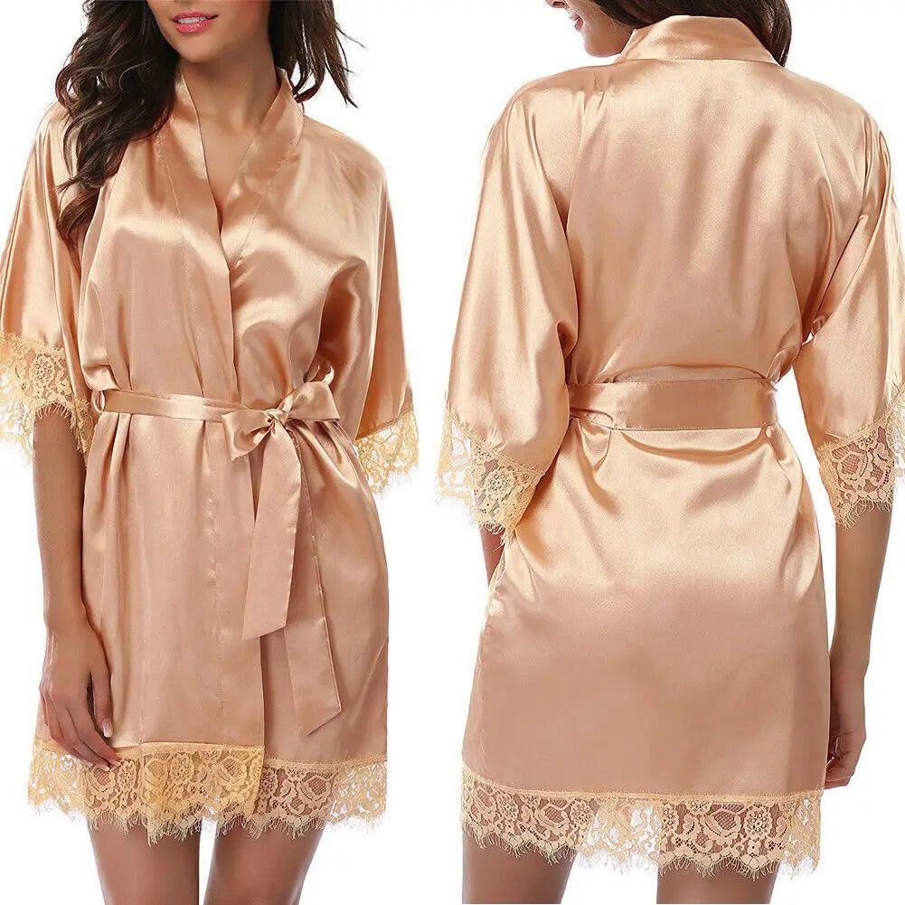 Women Night Gown Satin Robe Bathrobe Satin Nightgown Halt Sleeve Pajamas Lingerie Night Mini Dress Lace Sexy Sleepwear hot sale