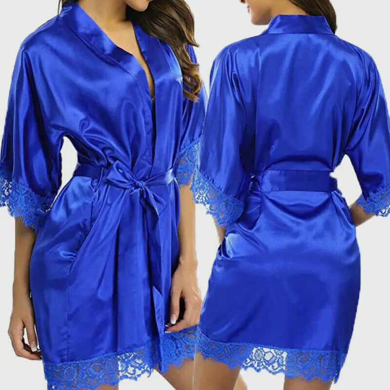 Women Night Gown Satin Robe Bathrobe Satin Nightgown Halt Sleeve Pajamas Lingerie Night Mini Dress Lace Sexy Sleepwear hot sale