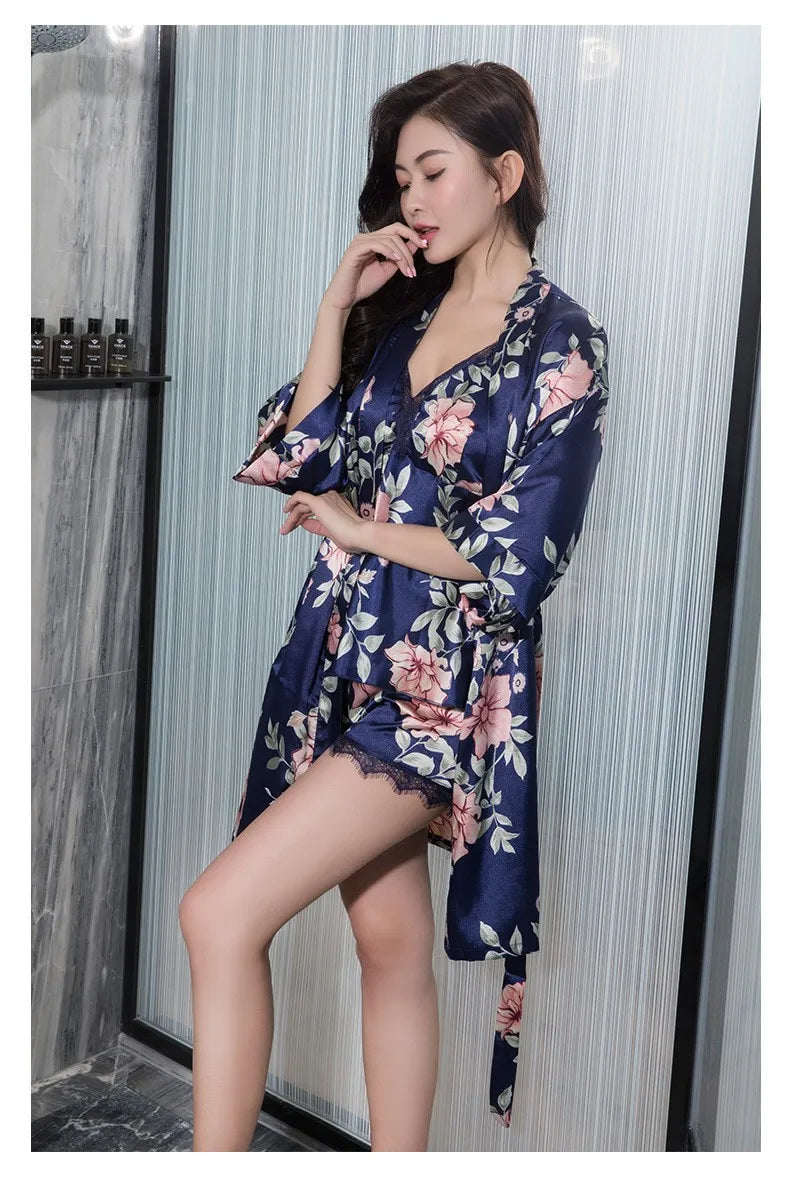 Sexy Rayon Silk 5PCS Pajamas Set Female Sleepwear Print Flower Bathrobe Nightgown Lady Loose Casual Pijamas Suit Home Clothes