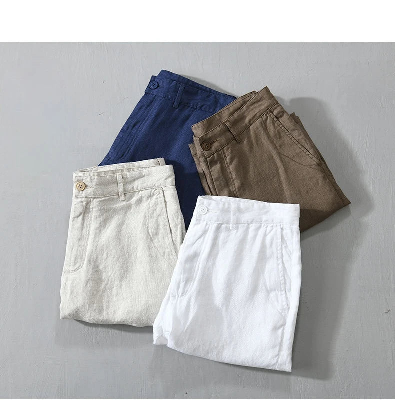 Summer New 100% Linen Casual Shorts Men Clothing Slim Solid Color Streetwear Pants Oversize B8216