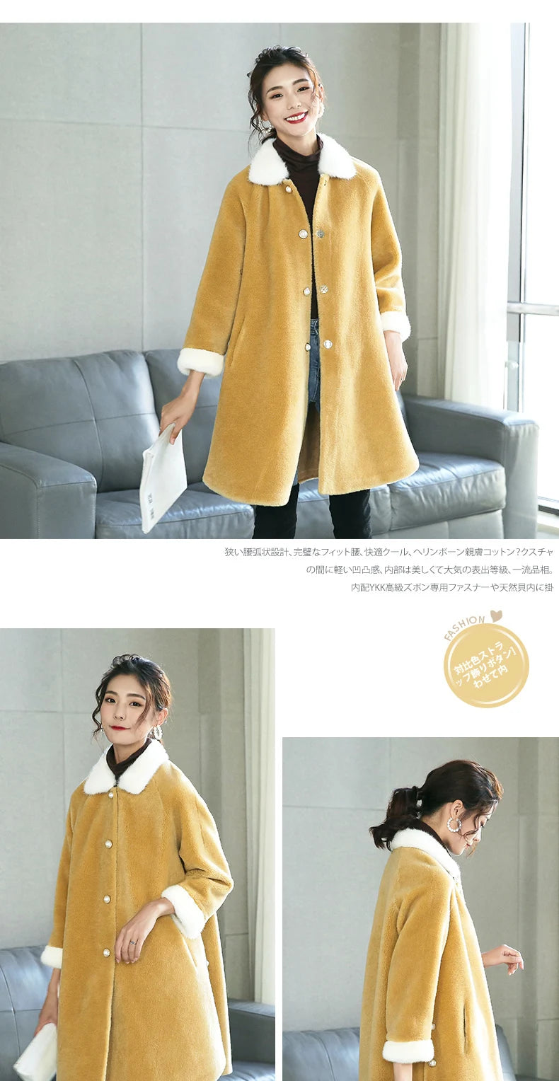 2020 Natural Sheep Shearing Fur Coat With Real Mink Fur Collar Winter Jacket Women Long Warm Overcoat casaco feminino LX2529