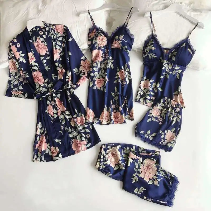 Lace Patchwork 5PCS Sleepwear Nightgown Kimono Bathrobe Gown Satin Lady Nighty&Robe Suit Sexy Home Clothes White Wedding Robe