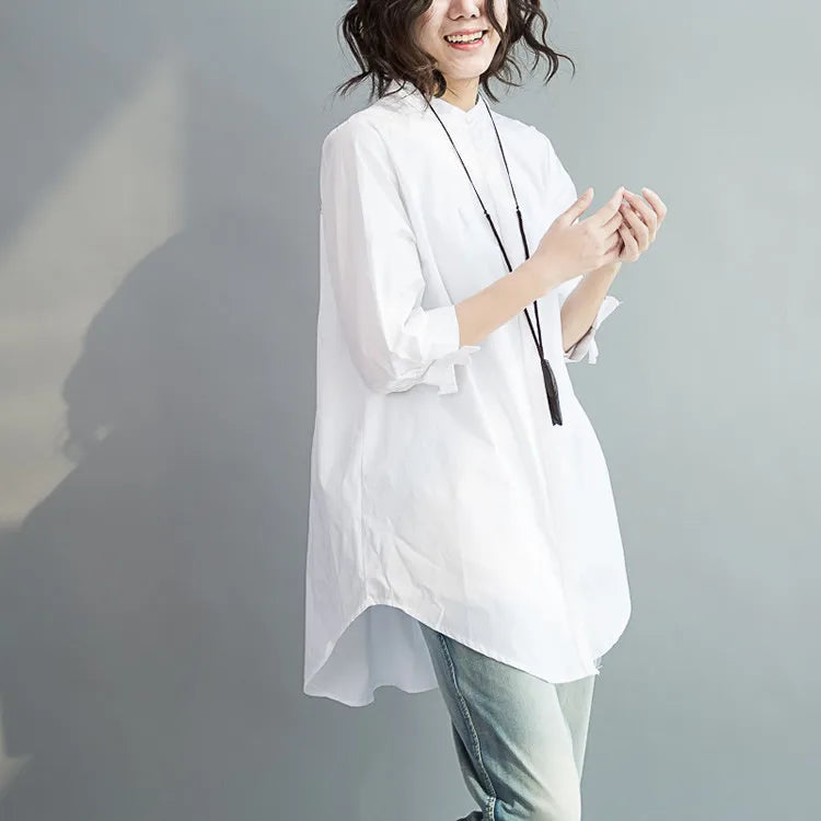 Summer 100% Cotton Women White Shirts Fashion Long-sleeve Large Loose Blouse Bow Fashion Lady Clothing 0.24KG