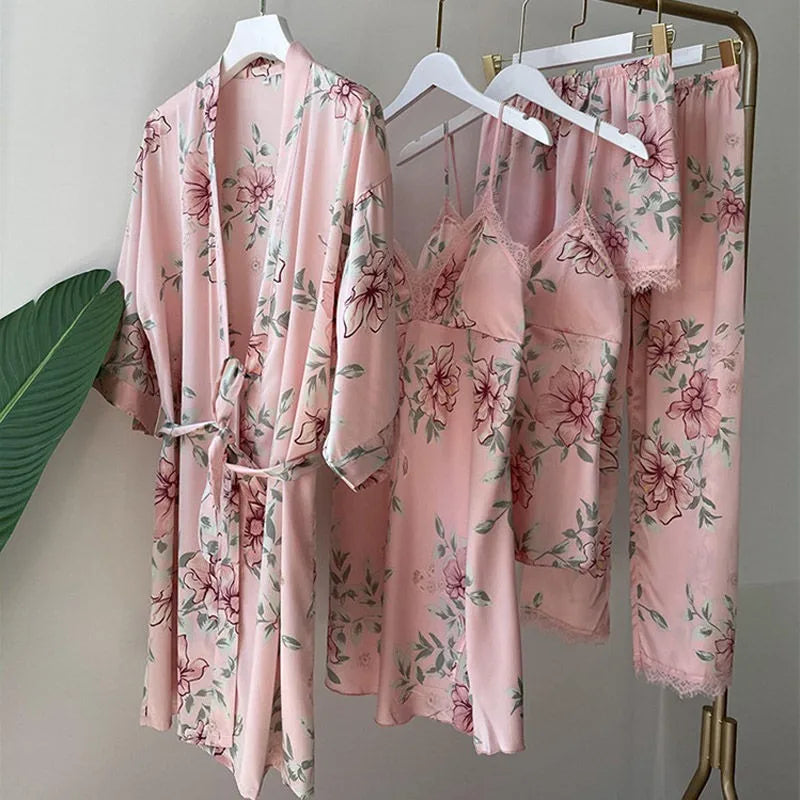 Sexy Rayon Silk 5PCS Pajamas Set Female Sleepwear Print Flower Bathrobe Nightgown Lady Loose Casual Pijamas Suit Home Clothes