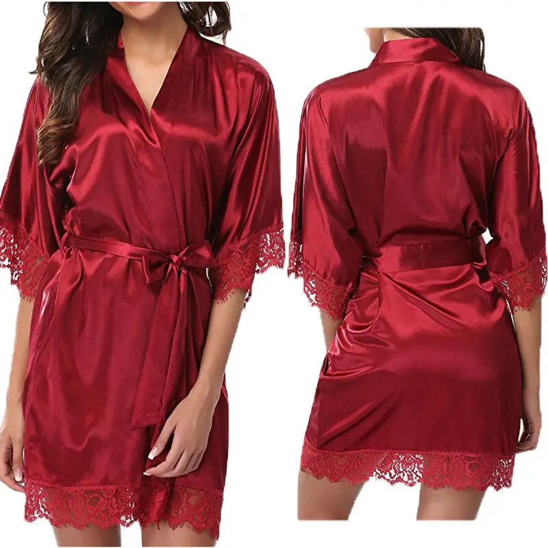 Women Night Gown Satin Robe Bathrobe Satin Nightgown Halt Sleeve Pajamas Lingerie Night Mini Dress Lace Sexy Sleepwear hot sale