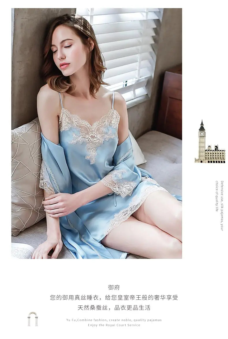 100% Silk  Nightgown Female  Sling Lace  Long Nightdress Women Pure Mulberry  Silk  Sleepwear robe women  Nightwear