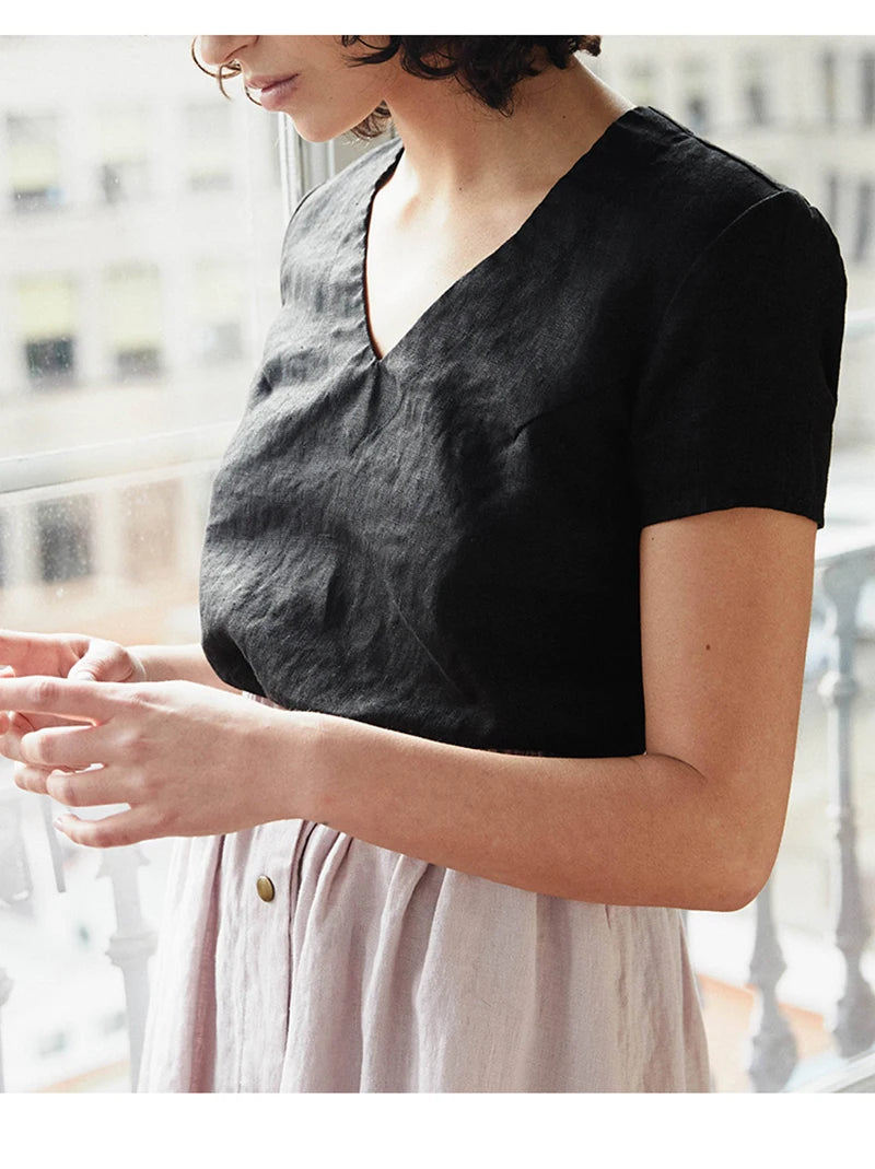 100% Linen V-Neck Short-Sleeved T-Shirt 2021 Summer New Womens Loose Casual Literary Tee Japanese Linen Tops