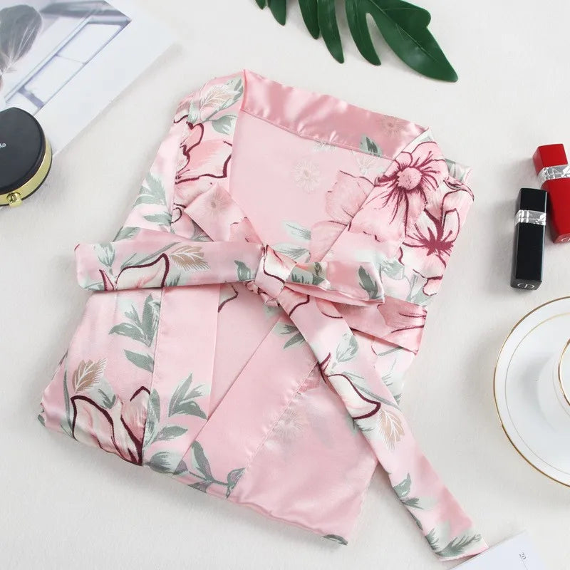 Sexy Rayon Silk 5PCS Pajamas Set Female Sleepwear Print Flower Bathrobe Nightgown Lady Loose Casual Pijamas Suit Home Clothes