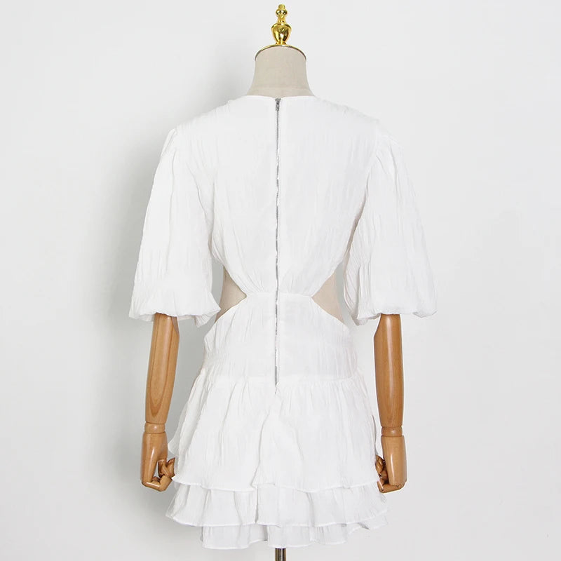TWOTWINSTYLE White Sexy Dress For Women V Neck Lantern Half Sleeve Hollow Out High Waist Mini Dresses Female Summer New Clothing