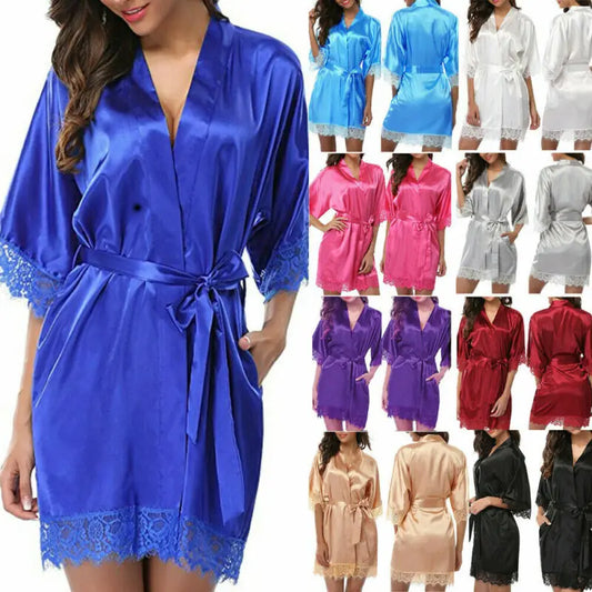 Women Night Gown Satin Robe Bathrobe Satin Nightgown Halt Sleeve Pajamas Lingerie Night Mini Dress Lace Sexy Sleepwear hot sale