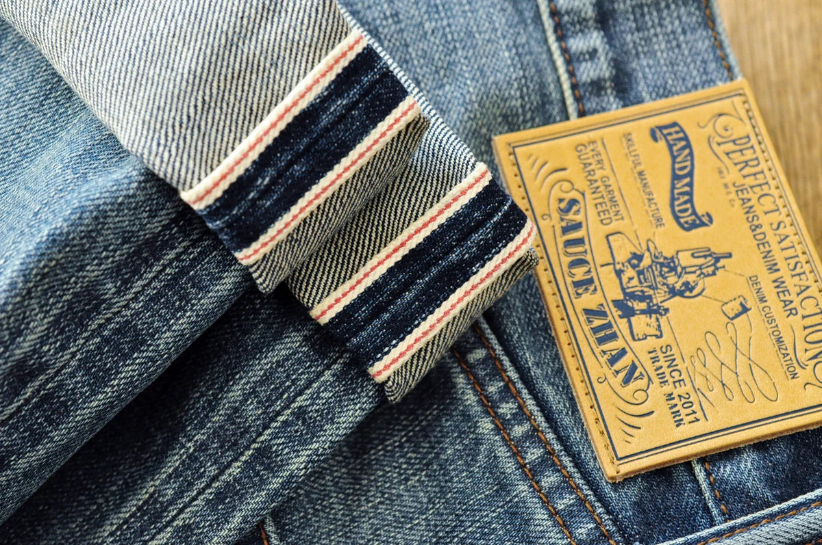 Saucezhan Mens Jeans Distressed  Moustache Effect Wash  Selvedge Denim Jeans  Motorcycle Regular Fit Straight Leg 14 Oz