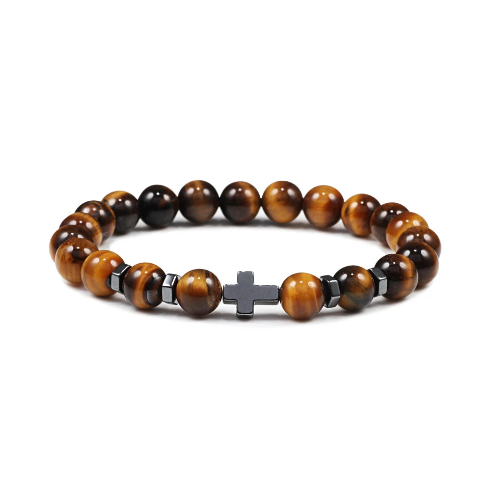 Dropshipping Hot Men Natural Lava Stone Bead Bracelets Hematite Cross Rosary Meditation Prayer Jesus Bracelet Women Yoga Jewelry