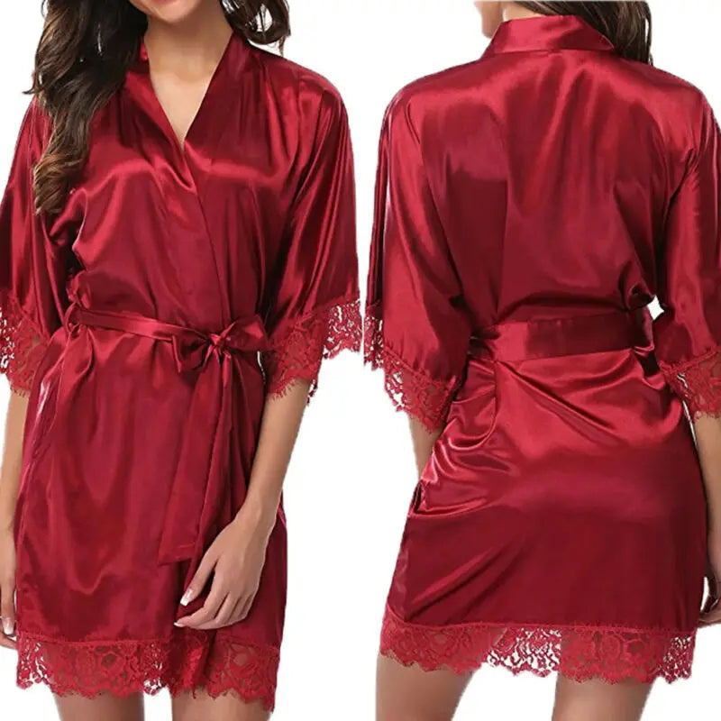 Women Night Gown Satin Robe Bathrobe Satin Nightgown Halt Sleeve Pajamas Lingerie Night Mini Dress Lace Sexy Sleepwear hot sale