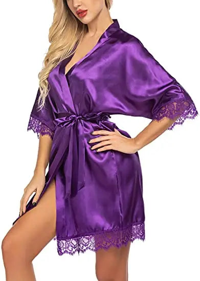 Silky Lace Robe, Monochrome robe，Satin Bridesmaid Robes ,Lace Bride Robe,Bridesmaid Gifts , women robe A9007
