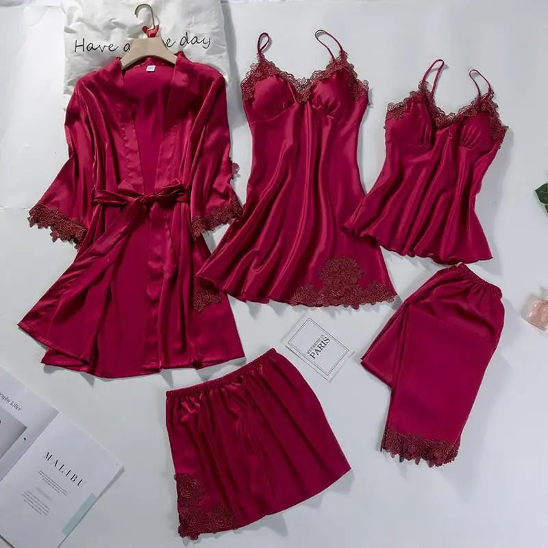 Lace Patchwork 5PCS Sleepwear Nightgown Kimono Bathrobe Gown Satin Lady Nighty&Robe Suit Sexy Home Clothes White Wedding Robe
