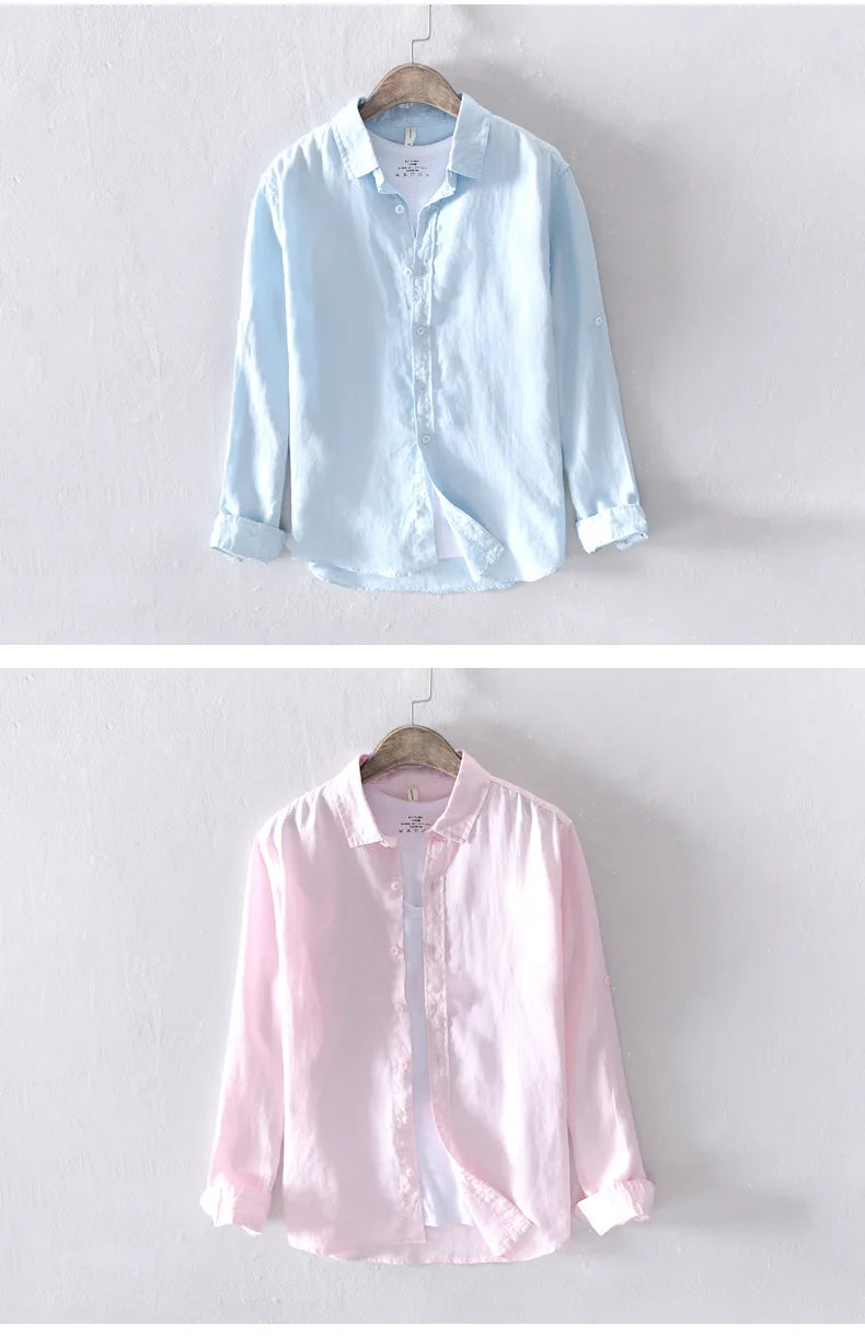New Designer 100% Linen Long Sleeved Shirt Men Brand Casual Solid White Button Up Shirts for Men Top