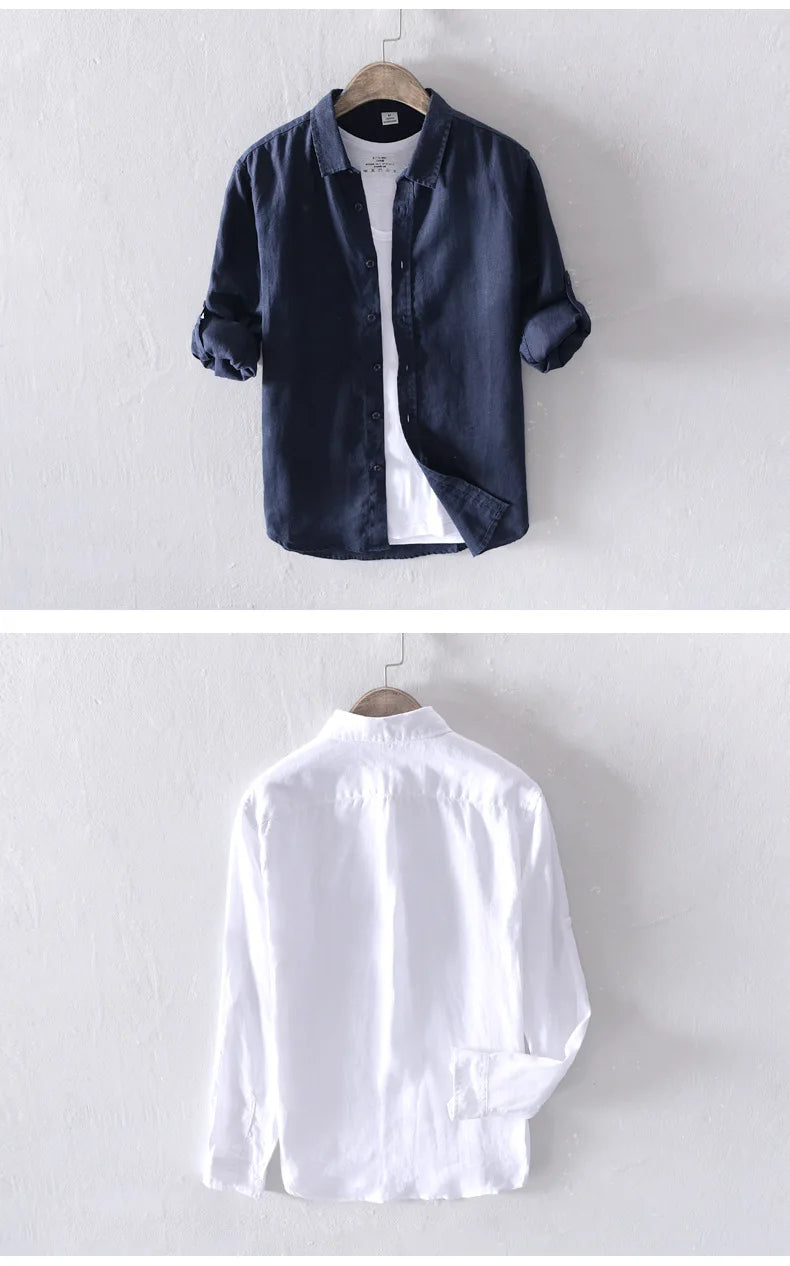 New Designer 100% Linen Long Sleeved Shirt Men Brand Casual Solid White Button Up Shirts for Men Top