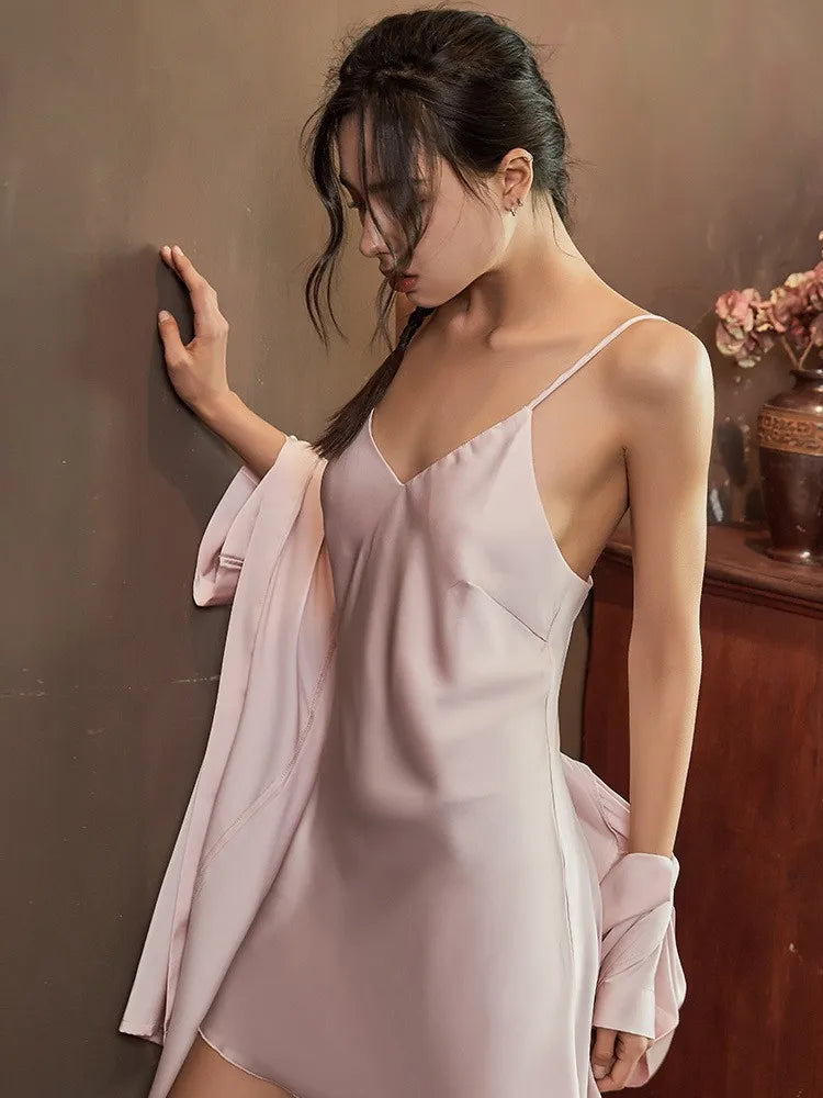 Satin Robe Set Sexy Women Sleepwear Casual Intimate Lingerie Faux Silk Nightdress Kimono Bathrobe Gown V-Neck Nightwear