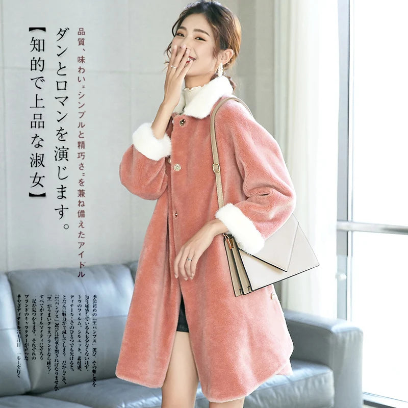 2020 Natural Sheep Shearing Fur Coat With Real Mink Fur Collar Winter Jacket Women Long Warm Overcoat casaco feminino LX2529
