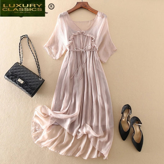 Women Dress Vintage Summer Clothes 2021 Boho 100% Real Silk Long Vestidos Ladies Maxi Dresses + Top Woman Robe Mujer 8015