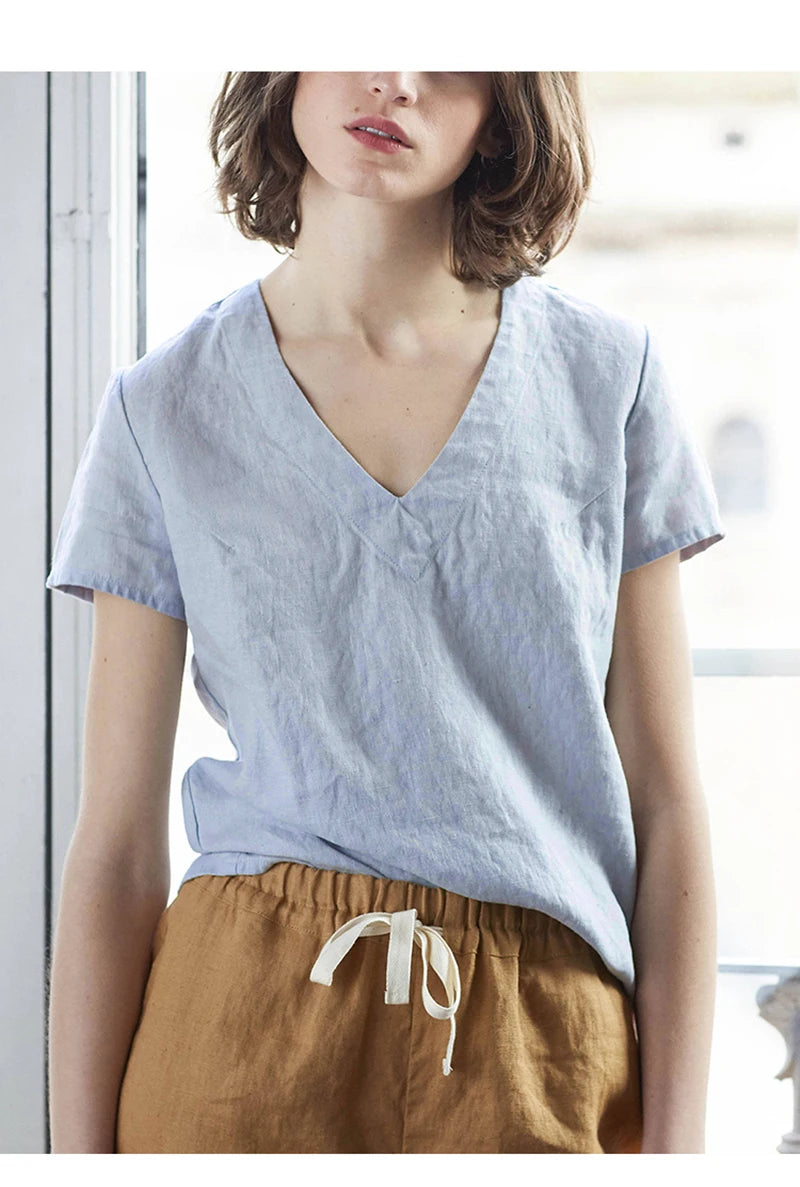 100% Linen V-Neck Short-Sleeved T-Shirt 2021 Summer New Womens Loose Casual Literary Tee Japanese Linen Tops