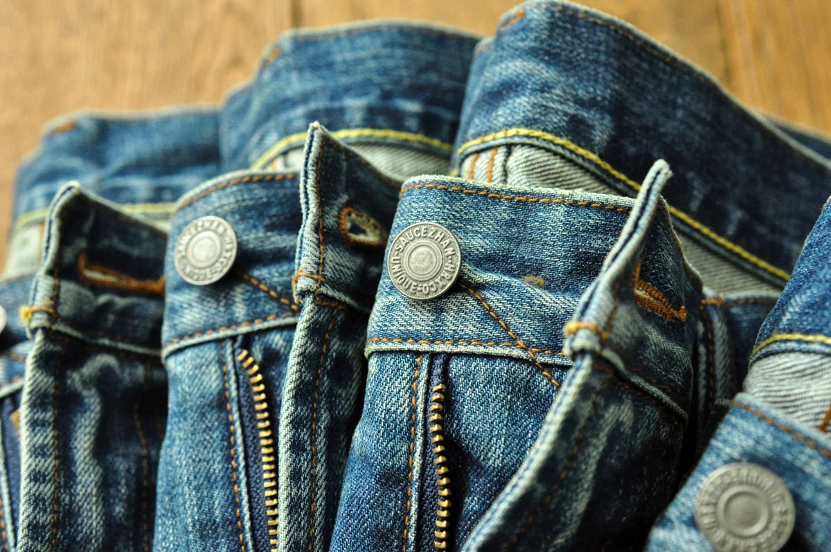 Saucezhan Mens Jeans Distressed  Moustache Effect Wash  Selvedge Denim Jeans  Motorcycle Regular Fit Straight Leg 14 Oz