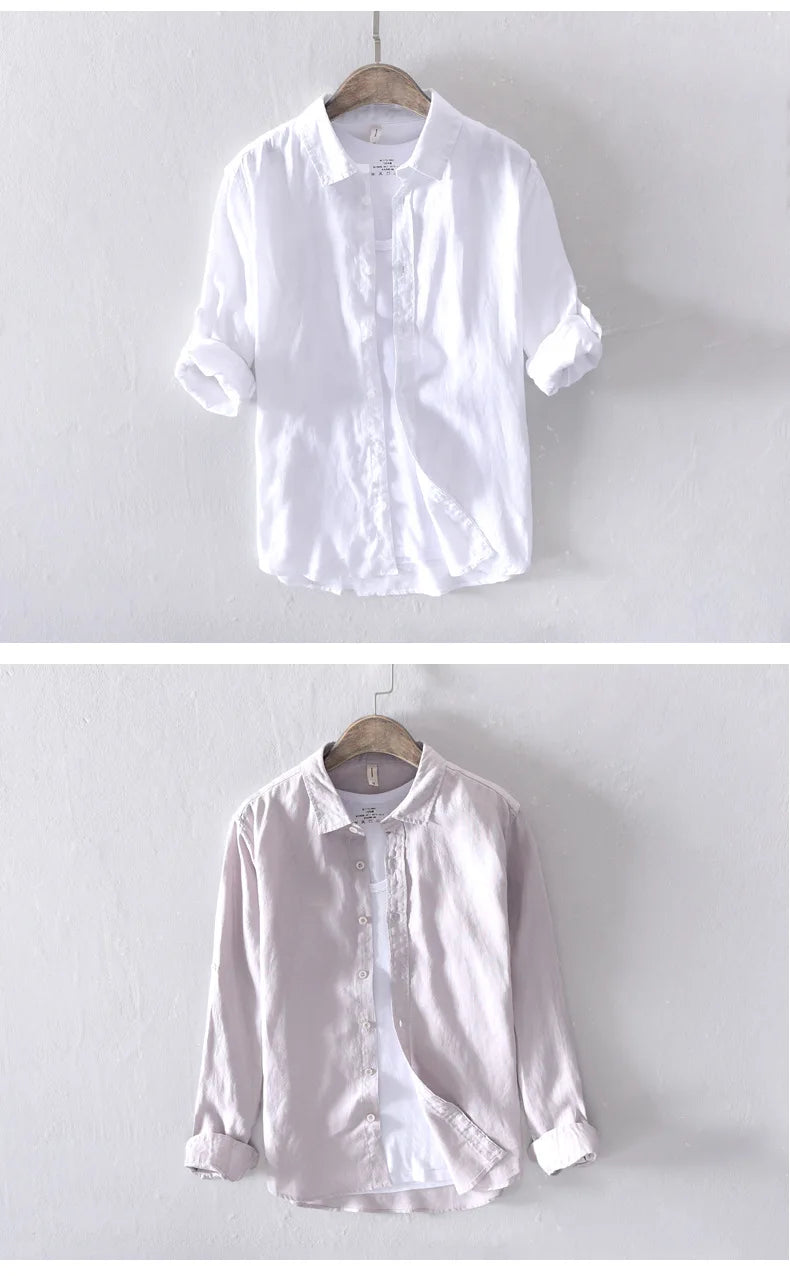 New Designer 100% Linen Long Sleeved Shirt Men Brand Casual Solid White Button Up Shirts for Men Top