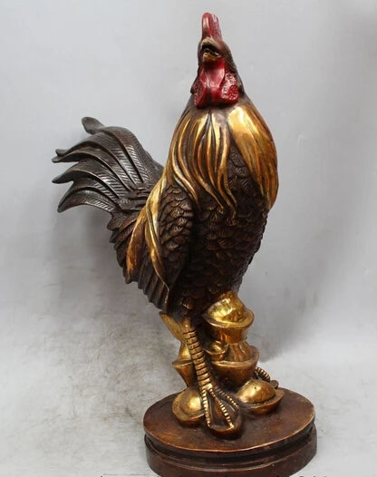 14" Chinese Feng Shui Bronze Wealth Zodiac Year Rooster Cock Statue Sculpture Brass Copper garden